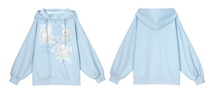 This loose-fit blue hoodie combines casual comfort with playful charm, featuring a cute lamb print and a cozy hood. The design is accented with a sweet bowknot detail.  Garment Size   	 		 			Size 			S 			M 			L 		 		 			Full Length 			62.5 			64.5 			66.5 		 		 			Shoulders 			70 			72 			74 		 		 			Bust 			126 			130 			134 		 		 			Hem Circumference 			106 			110 			114 		 		 			Cuff 			21 			22 			23 		 		 			Sleeve Length 			44 			45 			46 Spring Cotton Kawaii Hoodie, Spring Cartoon Print Hoodie Sweatshirt, Spring Cartoon Print Long Sleeve Hoodie, Blue Cotton Kawaii Hoodie, Kawaii Blue Cotton Hoodie, Blue Hooded Sweatshirt With Cartoon Print, Blue Casual Hoodie With Cartoon Print, Spring Kawaii Sweatshirt With Cartoon Print, Spring Cotton Hoodie With Cartoon Print