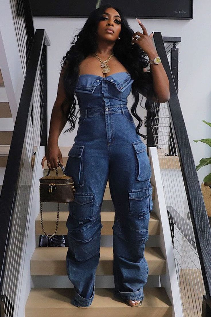 Cargo Jumpsuit, Embellished Jeans, Straight Leg Denim, Jumpsuit Fashion, Denim Jumpsuit, Fall Fashion Outfits, Flap Pocket, Hoodie Shirt, Straight Leg