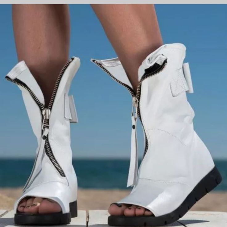 Brand New Open Toe Shoe Booties Popular Boots, Flat Booties, Summer Boots, Bow Boots, Trendy Sandals, Zipper Heels, Boots Style, Fishing Women, Zipper Boots