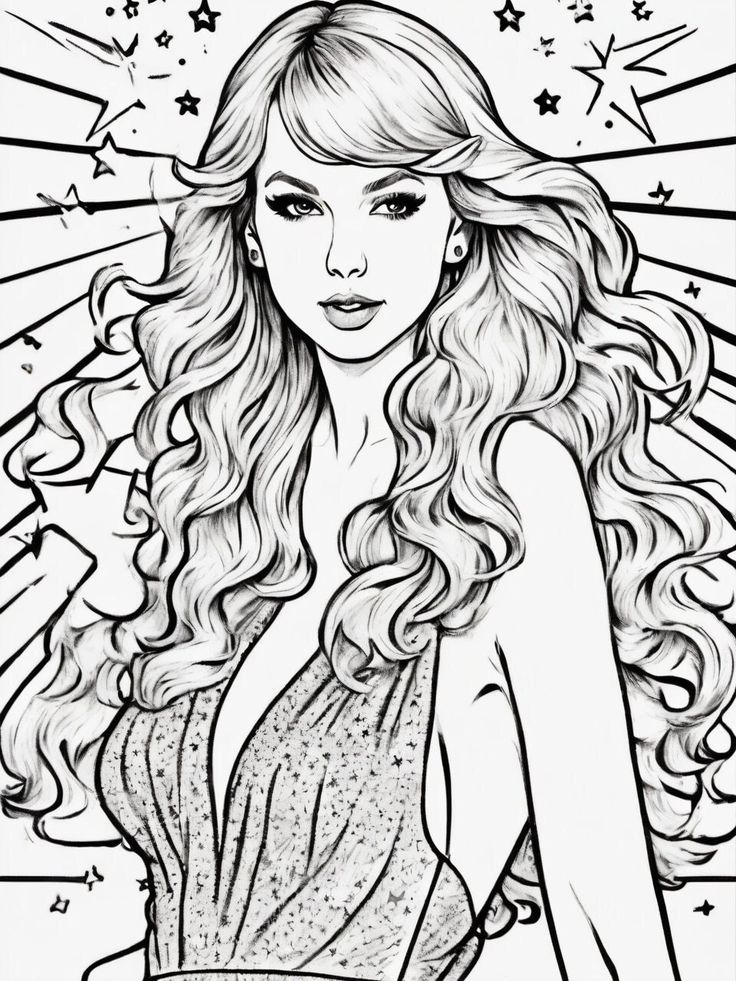 a drawing of a girl with long hair and stars on her head, in black and white