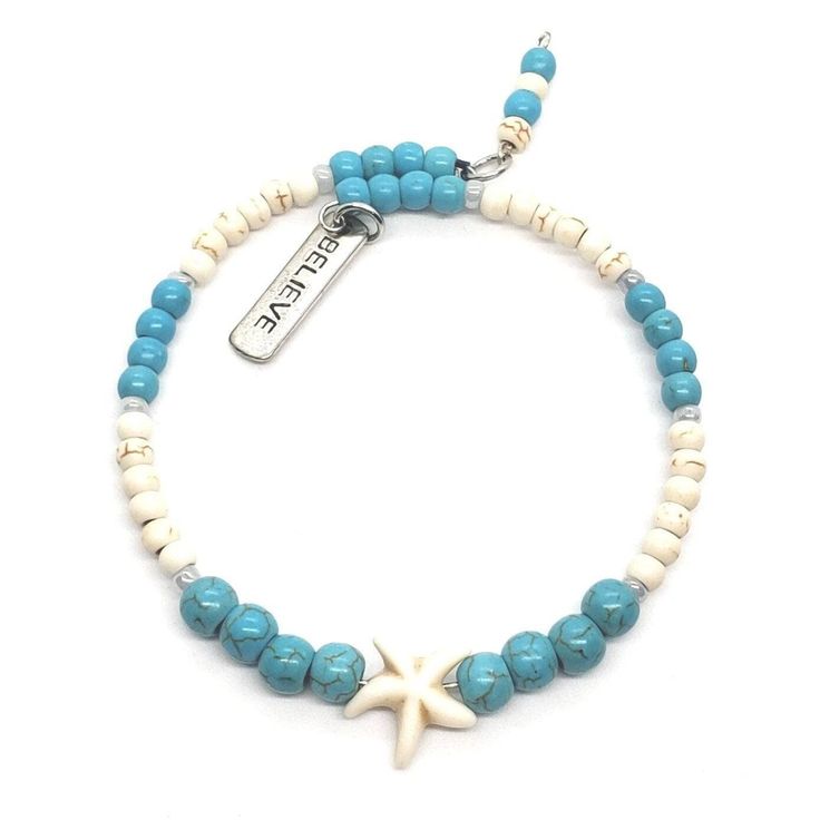 Blue and white turquoise beaded wire wrap around bracelet with starfish bead and "believe" charm. Beaded Wraps, White Turquoise, Turquoise Beads, Wire Wrap, Bracelet Gift, Wrap Around, Starfish, Wire Wrapping, Beaded Bracelets