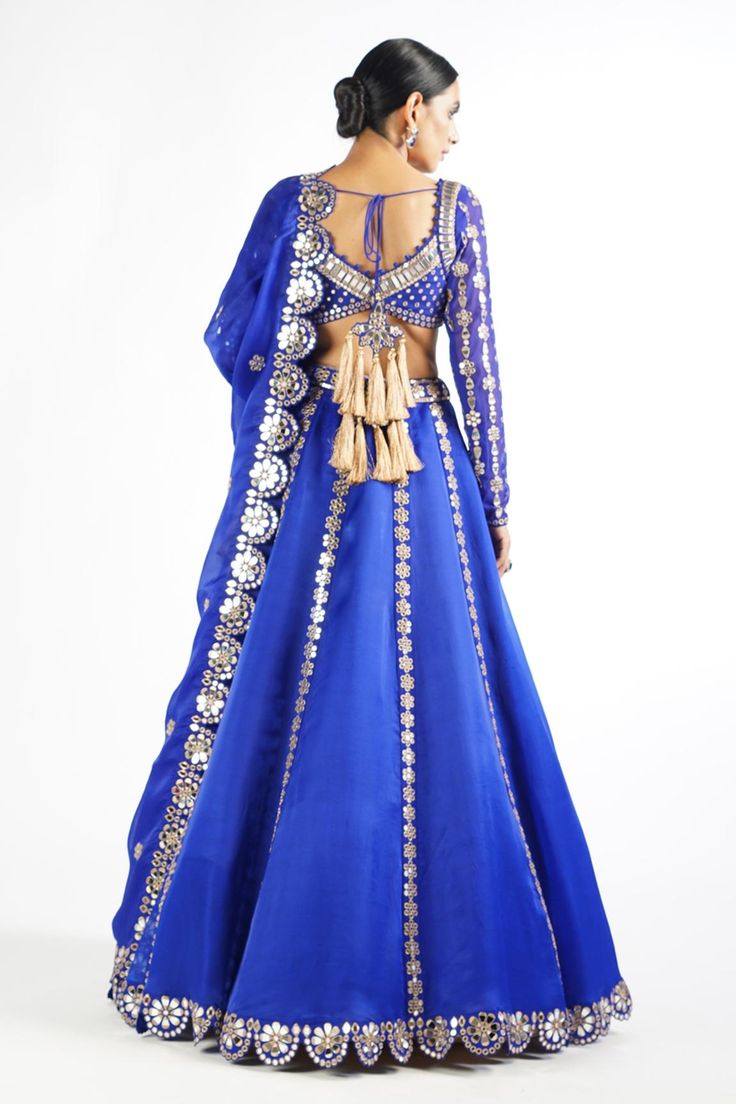 Buy Vvani by Vani Vats Blue Mirror Embroidered Lehenga Set Online | Aza Fashions Sweetheart Neck Blouse, Royal Blue Lehenga, Vani Vats, Blue Dupatta, Mirror Border, Blouse Yoke, Lehenga Dupatta, Scallop Border, Organza Lehenga