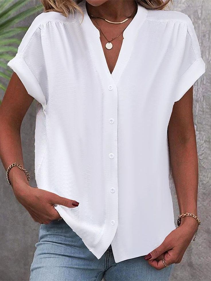 Comfy Plain Buttoned V Neck Short Sleeve Top Blouse Outfit Casual, Dresses By Pattern, Modest Summer Outfits, Cozy Outfit, Summer Style Casual, Blouse Outfit, Plaid Tops, Casual Blouse, Fashion Sewing