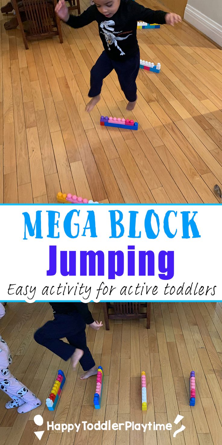 a young boy playing with toys on the floor in front of him and text reading mega block jumping easy activity for active toddlers