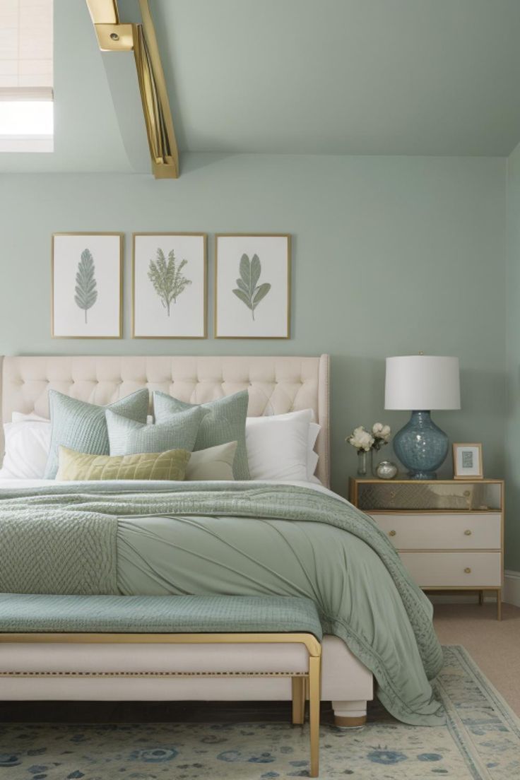 a bedroom with a bed, dresser and two pictures on the wall above it's headboard