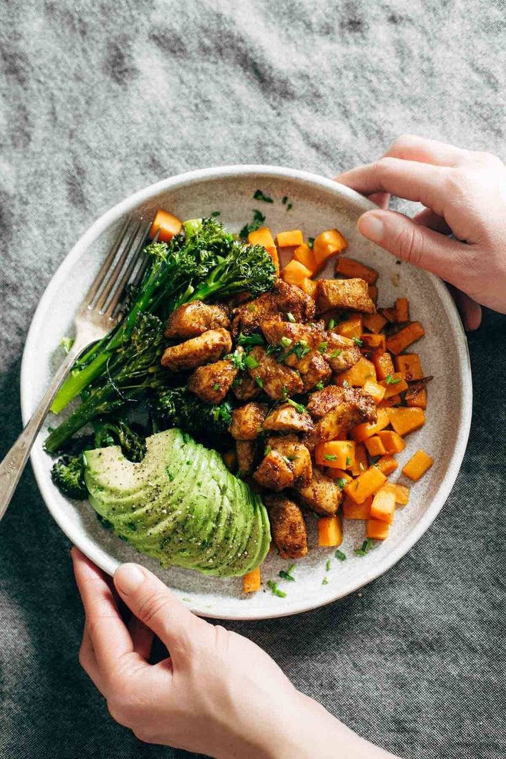 two hands holding a plate of food with avocado and tofu on it