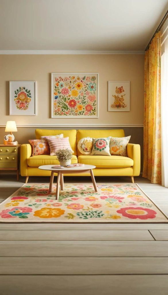 a living room with yellow couches and colorful rugs in front of the window