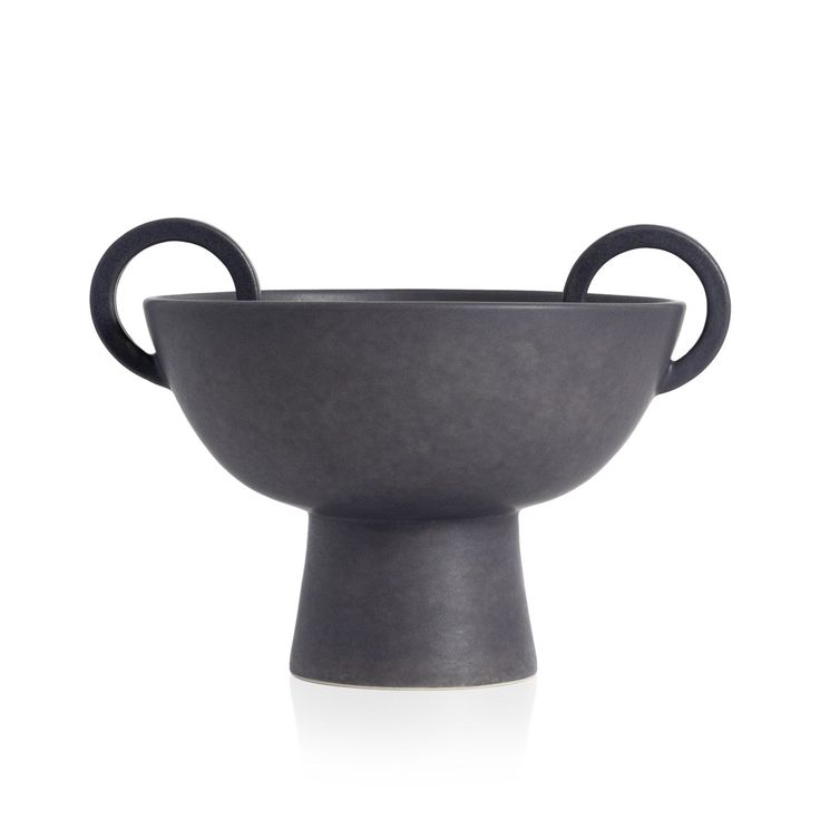 a gray bowl with two black handles on the top and bottom, sitting in front of a white background