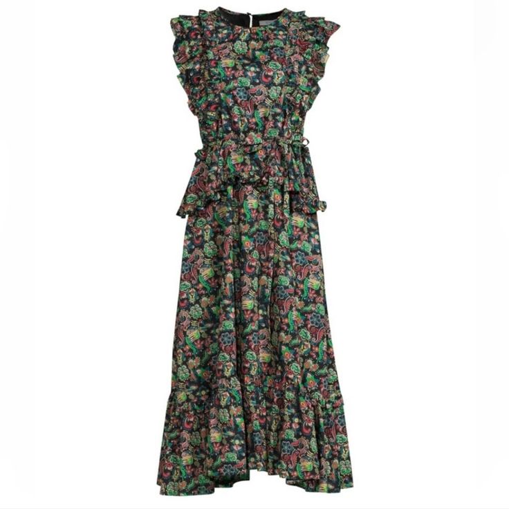 The Ariella Ruffle Tier Sleeveless Dress By Derek Lam Is Crafted From A Vibrant Paisley Floral Cotton. The Sleeveless Silhouette Features Layers Of Ruffles At The Shoulders And A Classic Crew Neckline. It Tapers At The Waist, Cinched With A Self Belt, And Falls With A Long Fluid Skirt Accented With Tiered Ruffles And A Teardrop Hemline. Belt Not Included. In Excellent Condition Size 16 Black Sleeveless Midi Dress With Ruffles, Sleeveless Midi Dress With Ruffles For Garden Party, Sleeveless Ruffle Midi Dress For Garden Party, Sleeveless Midi Dress With Ruffle Hem For Daywear, Ruffled Sleeveless Sundress For Daywear, Multicolor Sleeveless Dress With Ruffles, Multicolor Sleeveless Midi Dress With Ruffle Hem, Sleeveless Floral Print Ruffle Party Dress, Sleeveless Ruffle Dress With Floral Print For Party