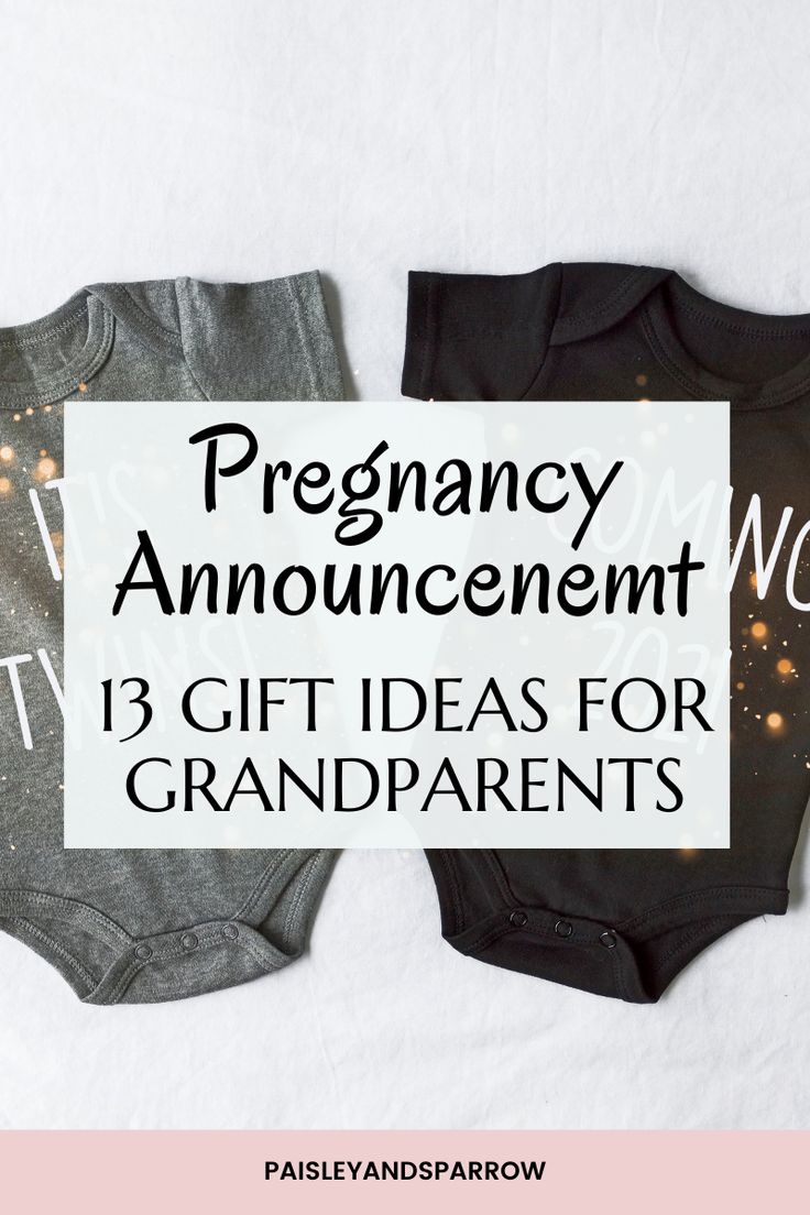 two baby bodysuits with the words, pregnant announcement gift ideas for grandparents