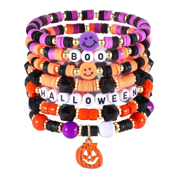 PRICES MAY VARY. Heishi halloween beaded bracelet set,It features seven bracelets adorned with multicoloured polymer clay vinyl discs,They're set on a stretch base to effortlessly slip on and off as you go about your day. Wear them stacked together or one at a time. This orange beaded stretch bracelet is the perfect way to add a beautiful detail to your favorite outfits this halloween season!Paired this beach surfer bracelet to your summer vacation,whatever you are white skin or black skin or ye Halloween Bracelets For Kids, Halloween Heishi Bracelet Ideas, Halloween Polymer Clay Bracelets, Fall And Halloween Clay Bracelets, Cheap Casual Halloween Bracelets, Stanley Decor, Halloween Beaded Bracelet, Halloween Themed Handmade Beaded Bracelets, Cheap Orange Halloween Bracelets