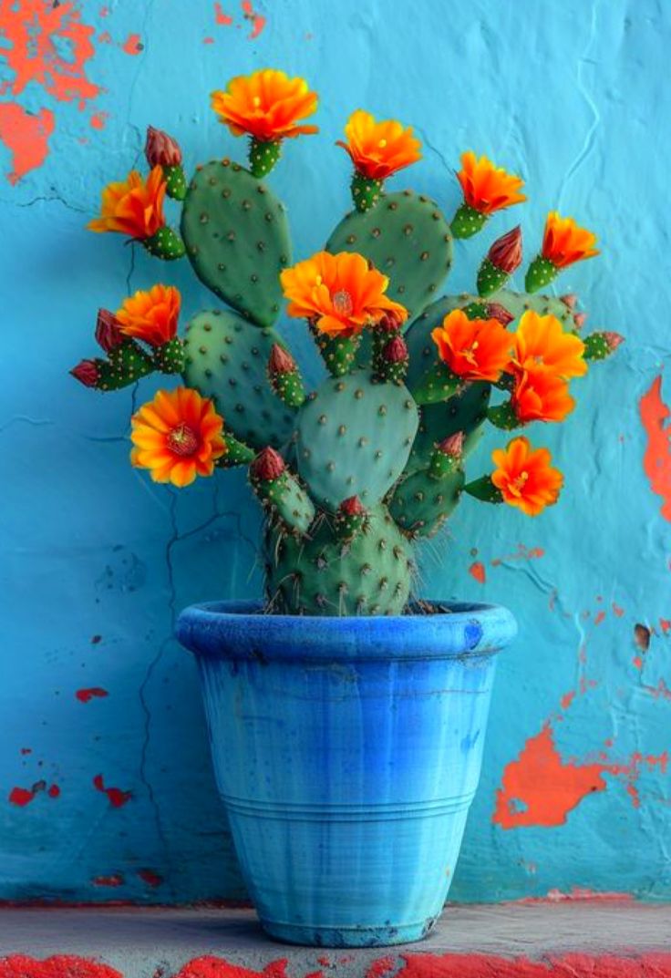 a potted cactus with orange flowers in front of a blue wall and red paint