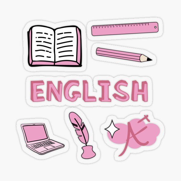 an english sticker with various items such as books, pencils, and paper