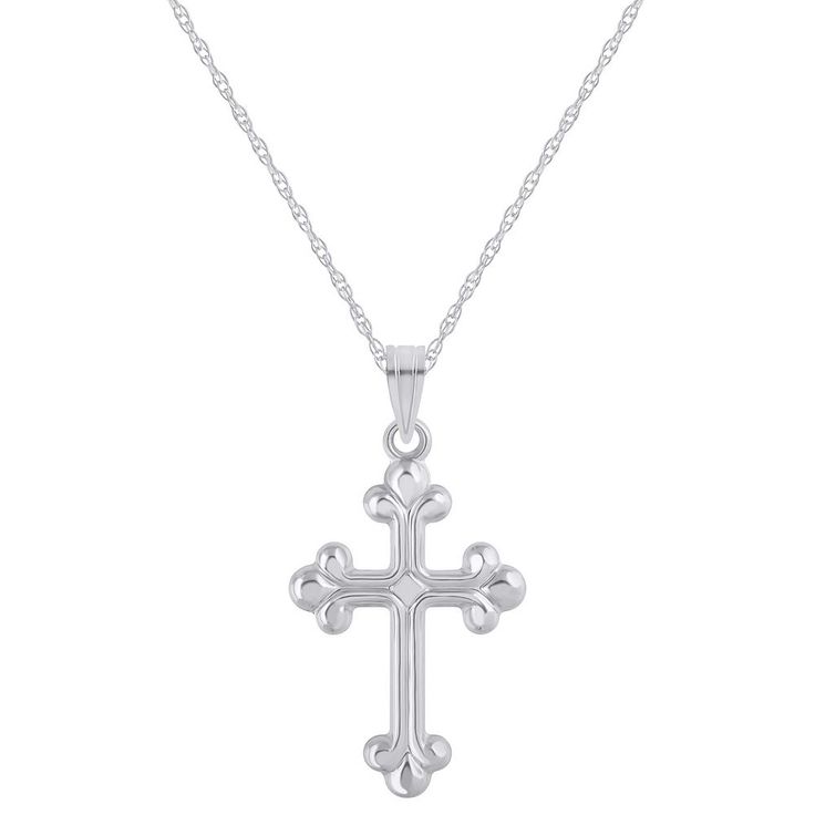 Display your faith with this lovely 14k white gold Fleur de Lis cross pendant necklace. Click on this JEWELRY & WATCHES GUIDE to learn about fit, styles, materials and more! Display your faith with this lovely 14k white gold Fleur de Lis cross pendant necklace. Click on this JEWELRY & WATCHES GUIDE to learn about fit, styles, materials and more! FEATURES Pendant dimensions: 0.5 in. x 0.875 in. Chain length: 16 in. + 2-in. extender Chain type: rope Clasp: spring-ring Metal: 14k white gold Plating Sterling Silver Cross Necklace With Diamond Cut, Sterling Silver Diamond Cut Cross Pendant Necklace, Sterling Silver Diamond Cut Cross Necklace, Silver Crucifix Necklace For Formal Occasions, Formal Silver Crucifix Cross Necklace, Sterling Silver Cross Pendant Necklace For First Communion, Sterling Silver Cross Necklace For First Communion, White Sterling Silver Necklace For First Communion, Silver Pendant For First Communion