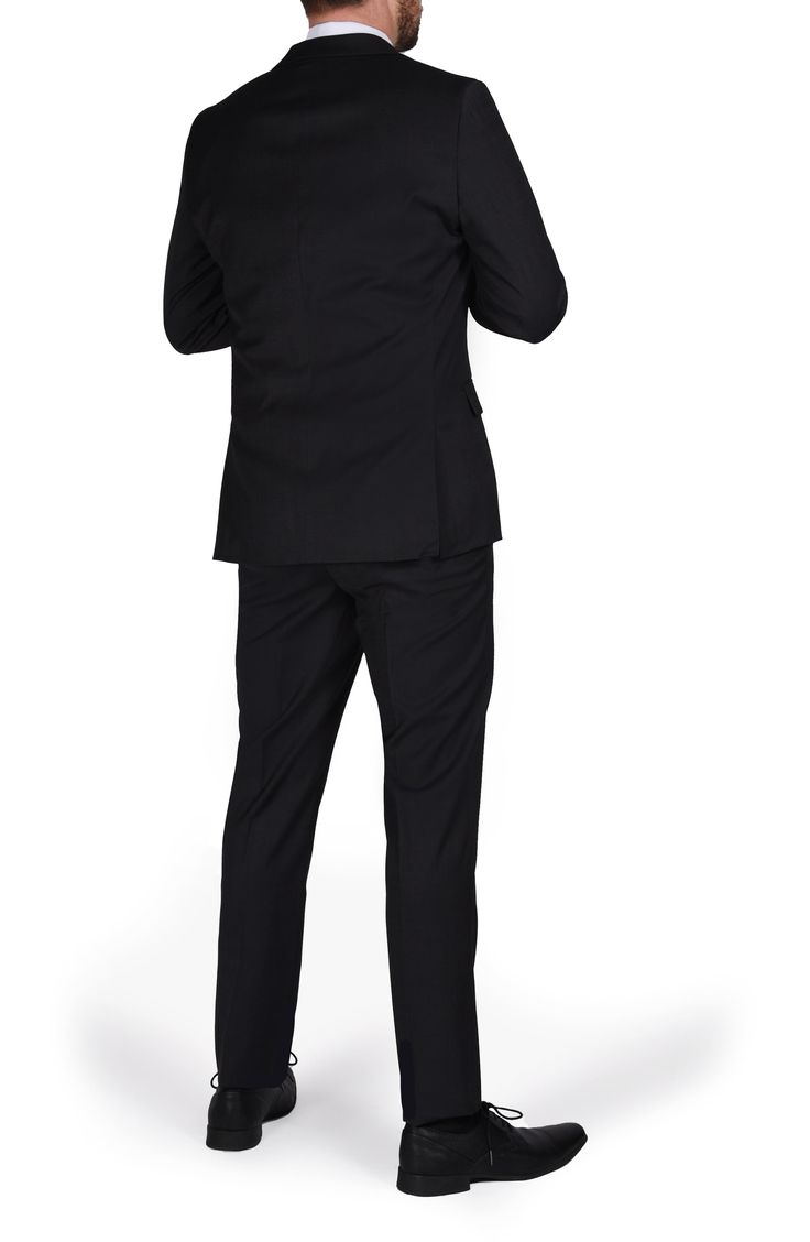 Crafted from a luxurious wool blend, this suit will have you looking sharp for your next special occasion. Jacket has notched lapels; four-button cuffs; chest pocket; flap pockets; interior pockets; side vents Trousers have zip fly with hook-and-bar closure; slant pockets; back button-welt pockets Jacket is lined; trousers are lined to the knee 52% wool, 45% polyester, 3% spandex Dry clean Imported Model stats: 6'1" height, 32" waist. Model is wearing size 40R. Wool Tuxedo With Double Button Closure, Business Suit With Concealed Placket In Suiting Fabric, Wool Tuxedo With Hidden Button Closure, Formal Wool Tuxedo With Double Button Closure, Wool Tuxedo For Semi-formal Occasions, Notch Lapel Single Button Suits For Business Meetings, Tailored Business Sets With Double Button Closure, Single Button Notch Lapel Suits For Business Meetings, Formal Fitted Suit With Double Button Closure