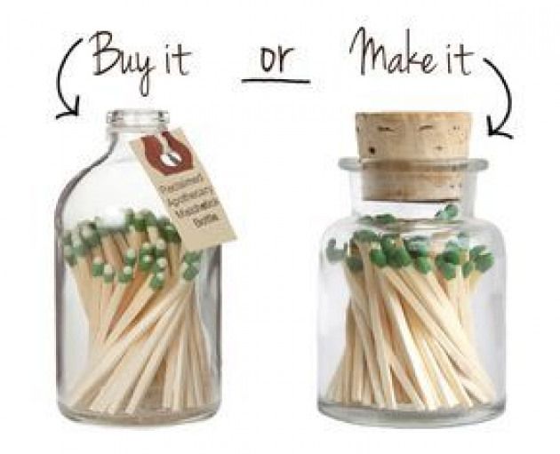 matchsticks in a glass bottle labeled buy it or make it