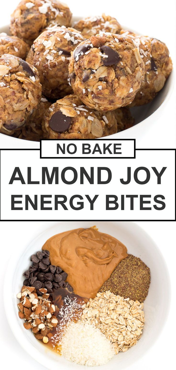 no bake almond joy energy bites recipe on a white plate with text overlay