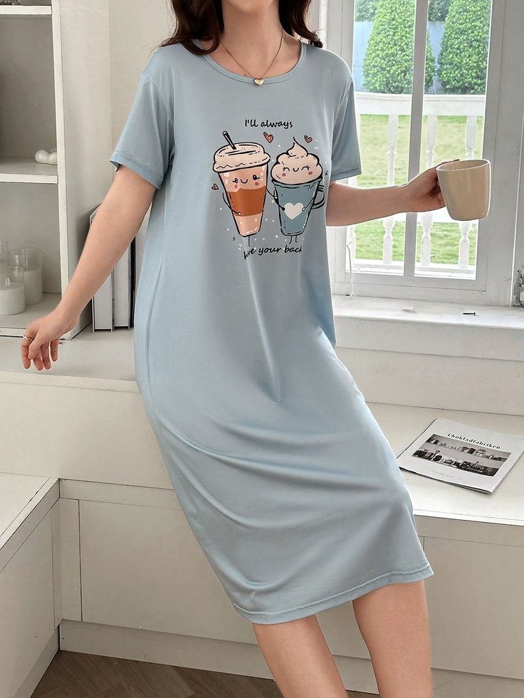 Cartoon Graphic Women's Casual Round Neck Short Sleeve T-Shirt Nightdress Blue   Short Sleeve Knitted Fabric Cartoon  Slight Stretch All Women Sleep & Lounge, size features are:Bust: ,Length: ,Sleeve Length: Summer Cotton Crew Neck Nightgown, Casual Crew Neck Summer Nightgown, Summer Cotton Nightgown With Crew Neck, Summer Crew Neck Nightgown For Loungewear, Spring Sleep T-shirt With Short Sleeves, Casual Short Sleeve Nightgown, Light Blue Casual Sleepwear, Light Blue Casual Sleepwear For Sleepover, Casual Light Blue Sleepwear