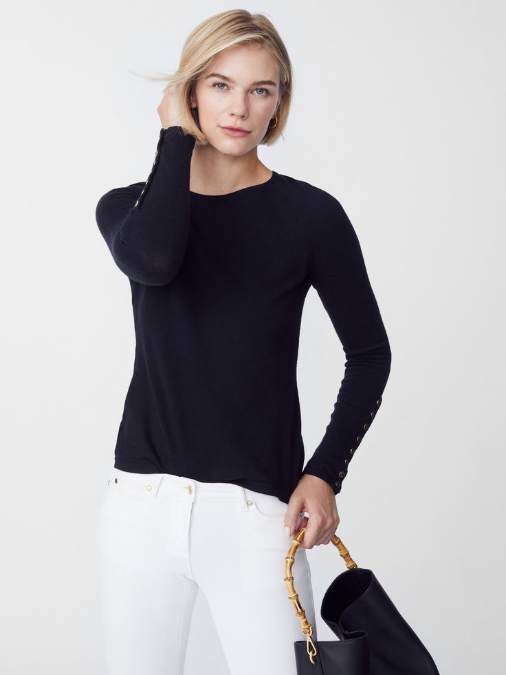 As easy as a tee, our raglan sleeve sweater comes in season spanning stretch knit with tiny golden buttons like built-in jewelry. | J.McLaughlin Women's Jamey Sweater Black, Size 2XS | Cotton