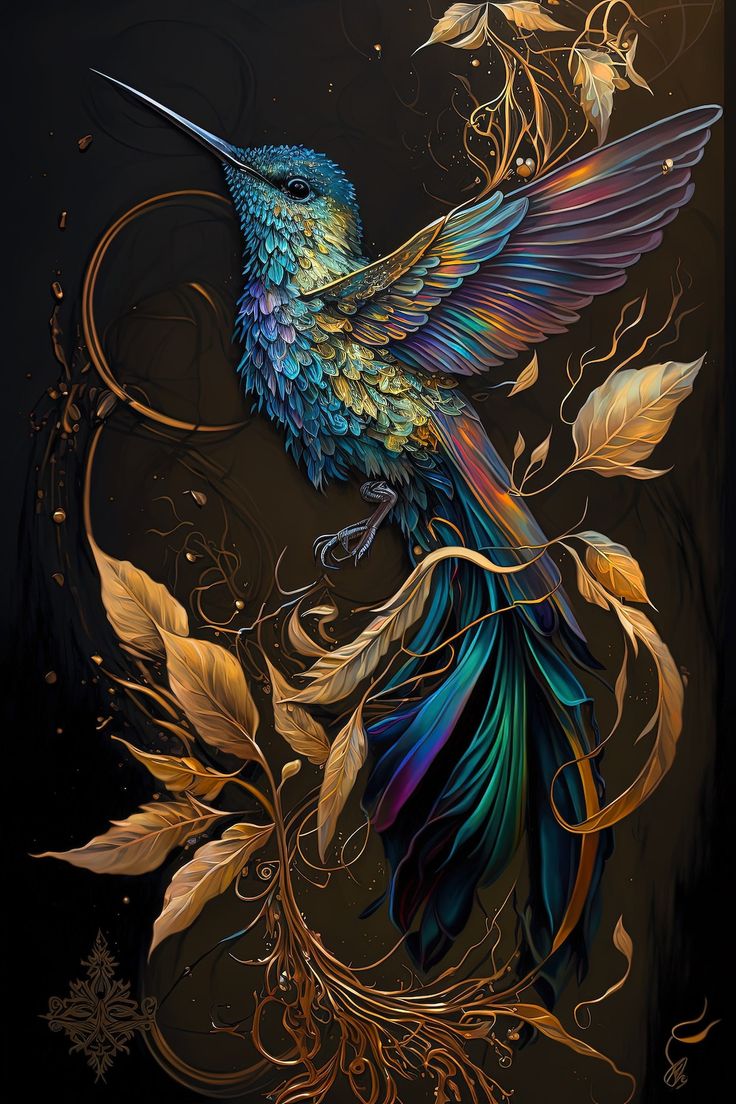 a painting of a colorful bird on a black background with gold leaves and vines around it