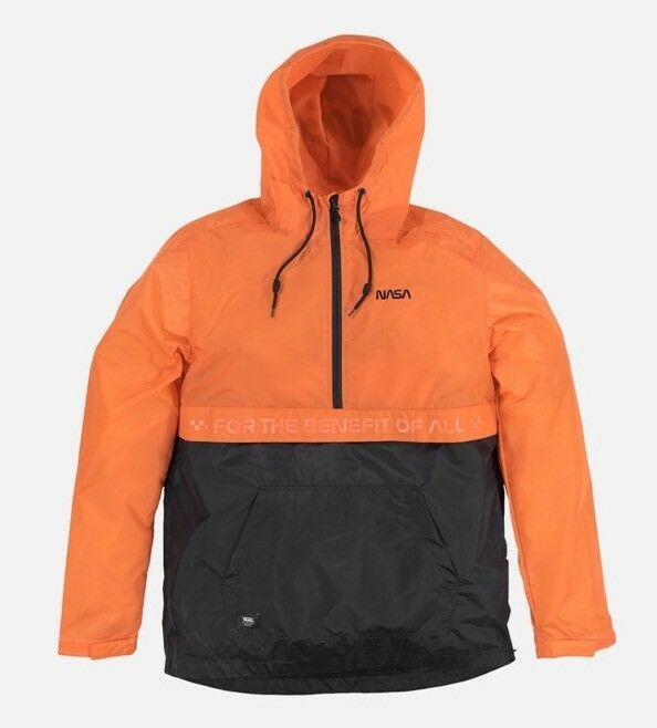 DESCRIPTION Vans x NASA Space Voyager anorak windbreaker hoodie jacket. Orange and black with NASA logos. Half zipper to chest, drawstring to hood. 100% water resistant nylon taffeta. Jacket packs into itself using a hidden zippered pocket under a flap at the center body. Brand new , purchased from a local vans retailer not from overseas. Guaranteed authentic!!!!! Urban Nylon Hoodie For Outdoor Activities, Urban Nylon Hoodie For Outdoor, Sporty Hooded Jacket With Functional Drawstring For Outdoor, Sports Windbreaker With Adjustable Hood, Functional Track Jacket With Drawstring Hood For Streetwear, Hooded Technical Windbreaker For Streetwear, Nylon Hooded Jacket With Functional Drawstring For Streetwear, Functional Track Jacket With Drawstring Hood For Outdoor Activities, Functional Sports Windbreaker With Adjustable Hood