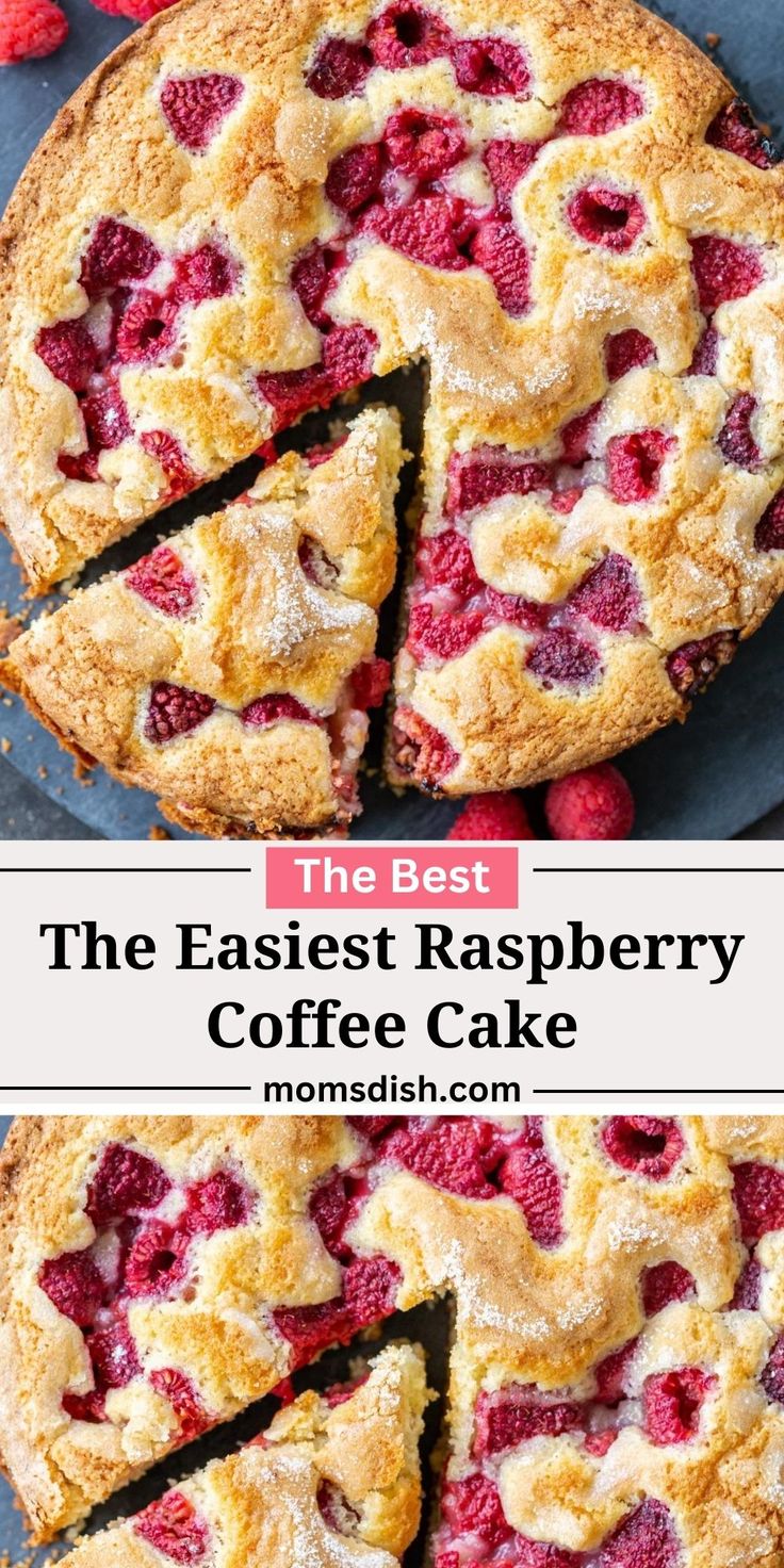 the best raspberry coffee cake with two slices cut out and ready to be eaten