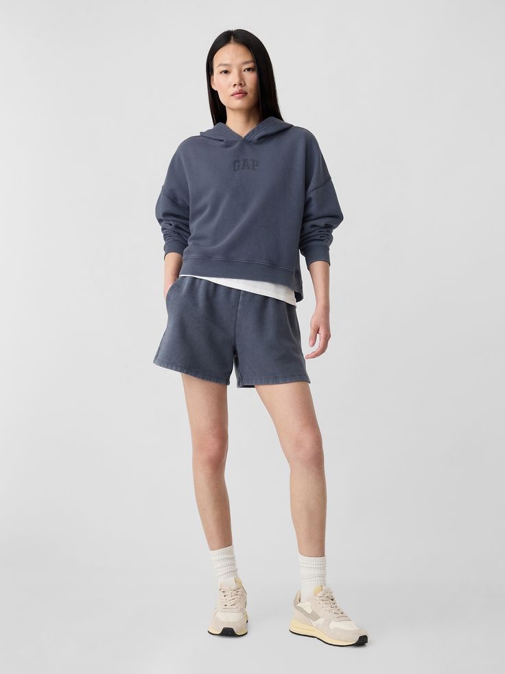 Relaxed Gap Mini-Logo Cropped Hoodie | Gap Factory Casual Cozy Fit Hoodie With Ribbed Cuffs, Casual Hoodie With Ribbed Cuffs In French Terry, Spring French Terry Sweats With Drawstring Hood, Spring French Terry Sweatshirt With Drawstring Hood, Casual French Terry Hoodie In Relaxed Fit, Hoodie Sweatshirt With Ribbed Waistband For Loungewear, Sporty Fleece Sweatshirt With Elastic Cuffs, Casual Sweatshirt With Drawstring Hood In French Terry, Casual French Terry Sweats With Drawstring Hood