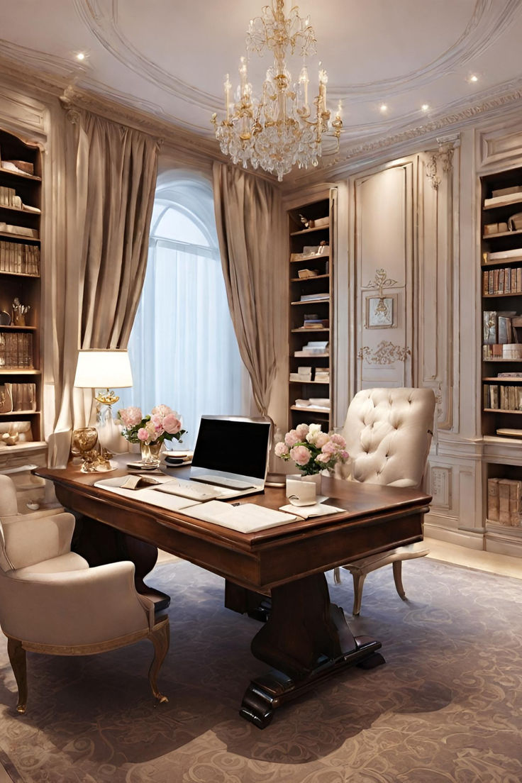 an elegant home office with chandelier, desk and chair in front of bookshelves