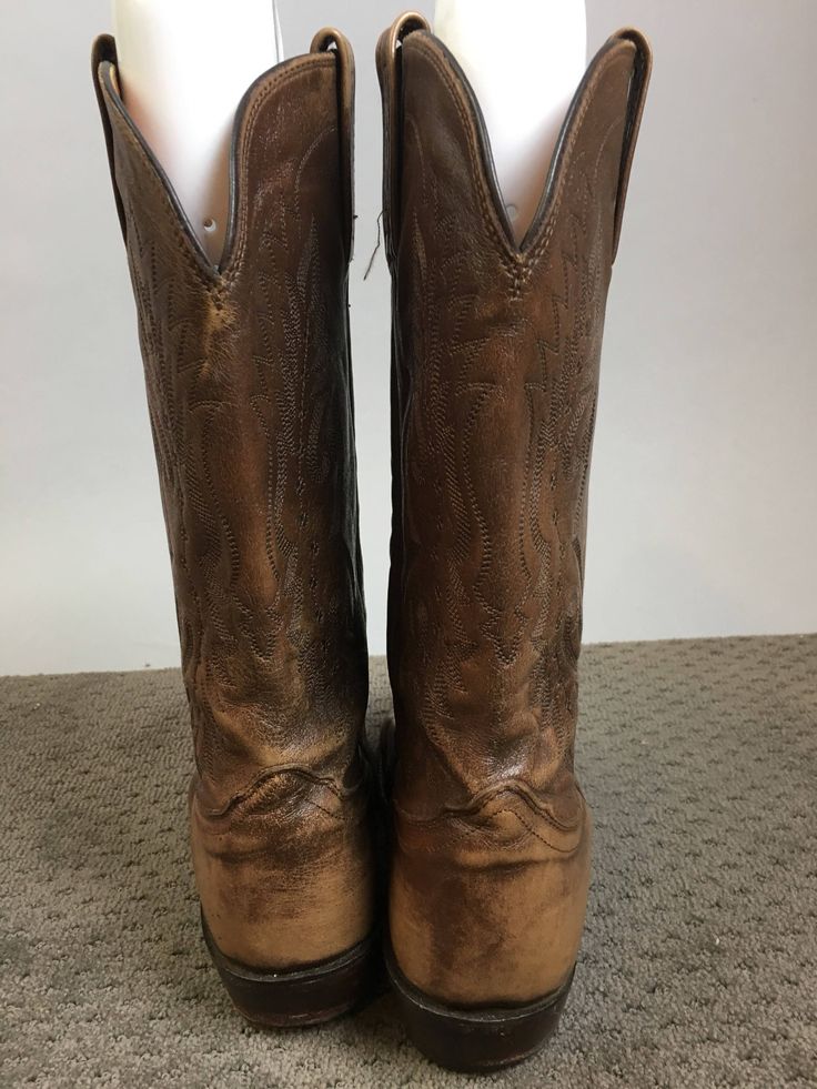 Vintage brown leather western cowboy boots size 9.5 well worn but still in great shape Toe to wall insole 11.5 Inches Ball of foot 4 Inches Height 13 inside Calf circumference 15 Inches Rustic Snip Toe Boots For Western-themed Events, Southwestern Style Round Toe Boots For Ranch, Rustic Round Toe Boots For Ranch, Country Style Distressed Brown Boots For Ranch, Distressed Brown Snip Toe Boots For Ranch, Western Boots With Round Toe For Ranch, Southwestern Style Boots With Round Toe For Western Events, Western Round Toe Boots For Ranch, Western Style Ranch Boots With Round Toe