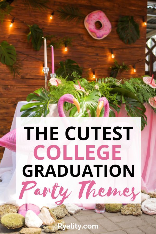 a pink flamingo themed graduation party with the words, the cutest college graduation party themes