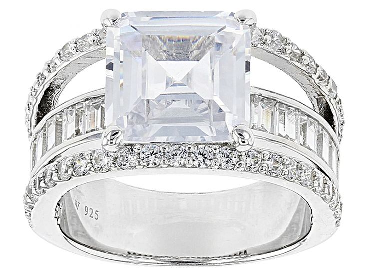 Pre-Owned Charles Winston for Bella Luce ® white diamond simulant 10.81ctw round, baguette, and square, rhodium over sterling silver ring. Measures approximately 7/16"L x 3/16"W and is not sizeable. The diamond equivalent weight is 7.71ctw. .  This product may be a customer return, vendor sample, or on-air display and is not in its originally manufactured condition.  It may not be new.  In some instances, these items are repackaged by JTV. Modern Asscher Cut Diamond Accent Jewelry, Modern Asscher Cut Diamond Accented Jewelry, White Emerald-cut Channel Set Jewelry, Modern Princess Cut Cubic Zirconia Jewelry, White Emerald Cut Channel Set Jewelry, Formal Clear Cubic Zirconia Jewelry, Modern Cubic Zirconia Diamond Ring With Square Cut, Modern Square Cut Cubic Zirconia Diamond Ring, Modern Jewelry With Baguette Cut Center Stone