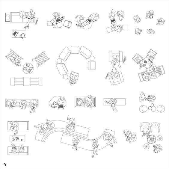 a black and white drawing of people sitting around a living room with couches, chairs, tables and televisions