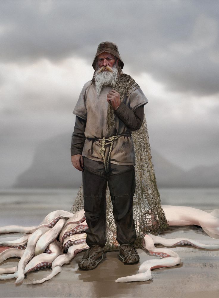 an old man standing in front of dead fish on the beach with his beard trimmed