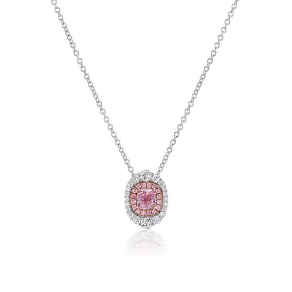 This pendant necklace is crafted in 18 Karat white and rose gold. Featuring a GIA graded pink-purple diamond with SI1 Clarity and totaling 0.50 Carats. Accenting the center diamond are round pink diamonds of VS Clarity totaling 0.07 Carat. Surrounding the diamond halo are round diamonds of VS Clarity and F Color totaling an additional 0.29 Carats. This pendant is on a adjustable chain measuring 16-18 inches long. Pink Diamonds, Purple Diamond, Diamond Pendant Necklace, Diamond Halo, Pink Diamond, Halo Diamond, Diamond Pendant, Round Diamonds, Pink Purple