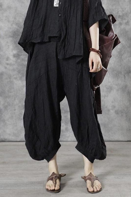 Item Code: 6600755970110 Material: 100%Linen Highlight: Pocket .Elastic Waist .Pleated  Season: Spring .Autumn .Summer Casual Black Summer Harem Pants, Casual Black Wide Leg Pants With Pockets, Casual Black Cotton Harem Pants, Trendy Black Harem Pants For Fall, Black Straight Leg Summer Pants, Black Straight Leg Pants For Summer, Baggy Black Bottoms For Summer, Baggy Black Summer Bottoms, Black Cotton Harem Pants For Fall