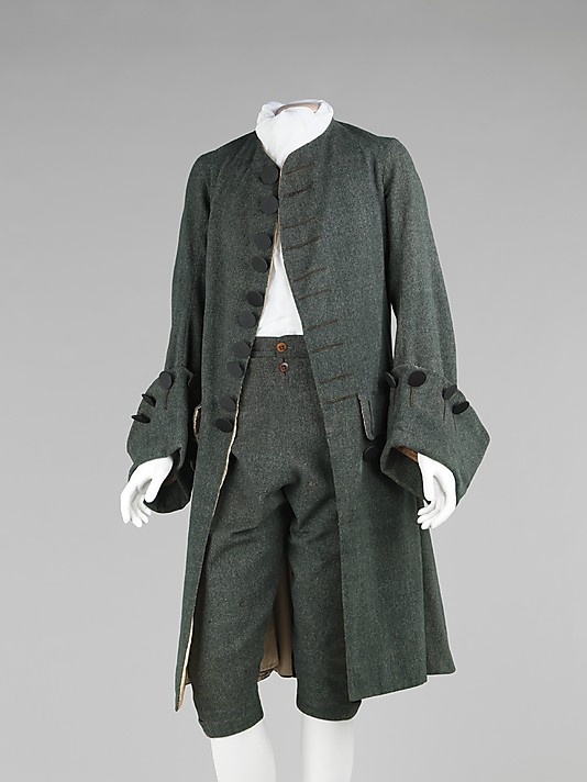 Frockcoat & Breeches (called a suit whereas an ensemble includes a matching waistcoat) Date: 1755–65  Culture: British  Medium: wool, silk  Note large cuffs and large black buttons. No embroidery. Rather somber attire 18th Century Mens Fashion, British Aesthetic, 1700 Fashion, 18th Century Costume, 18th Century Clothing, 18th Century Fashion, Period Outfit, Century Clothing, Costume Collection