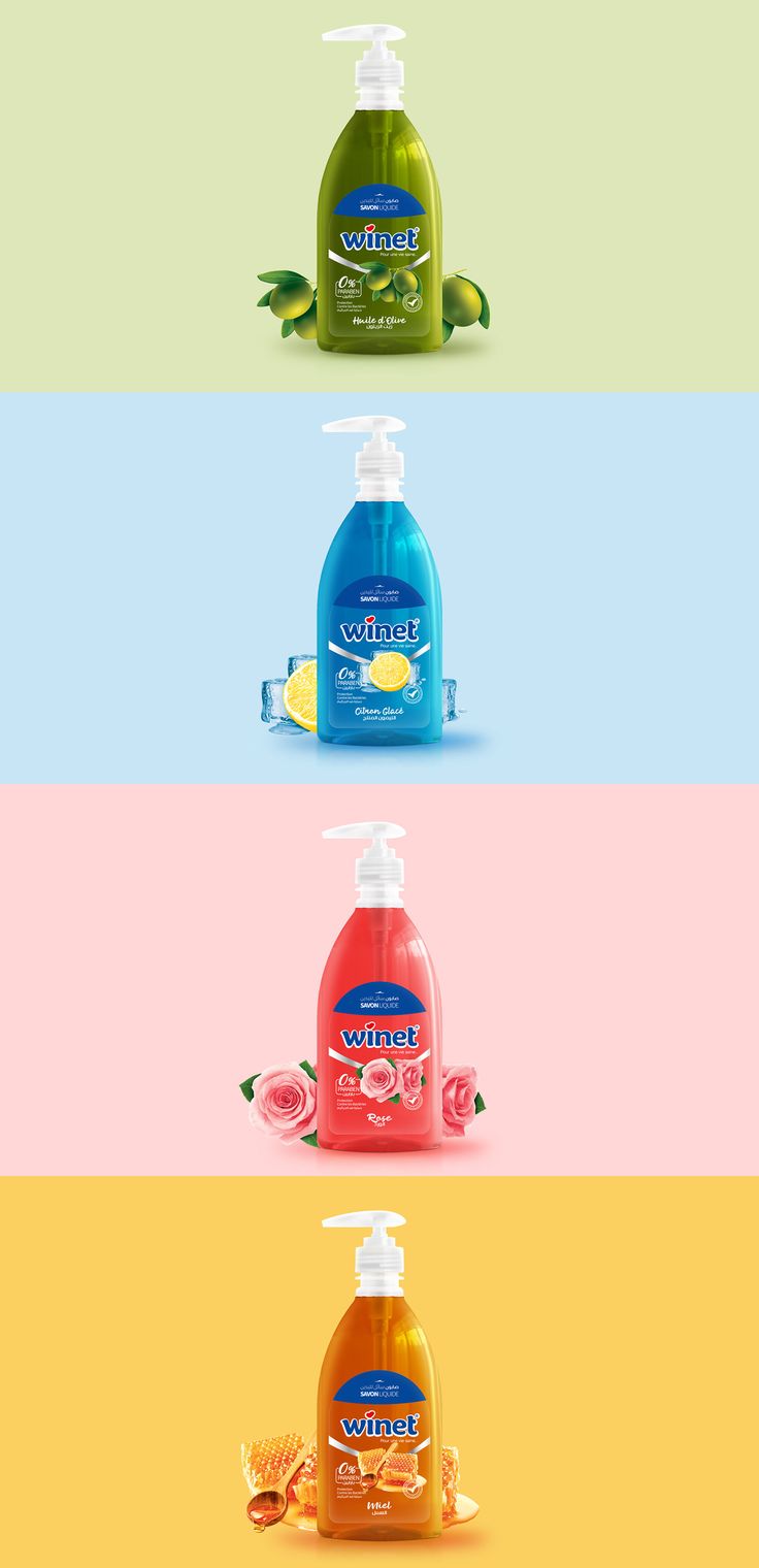 four different types of hand soaps in various colors