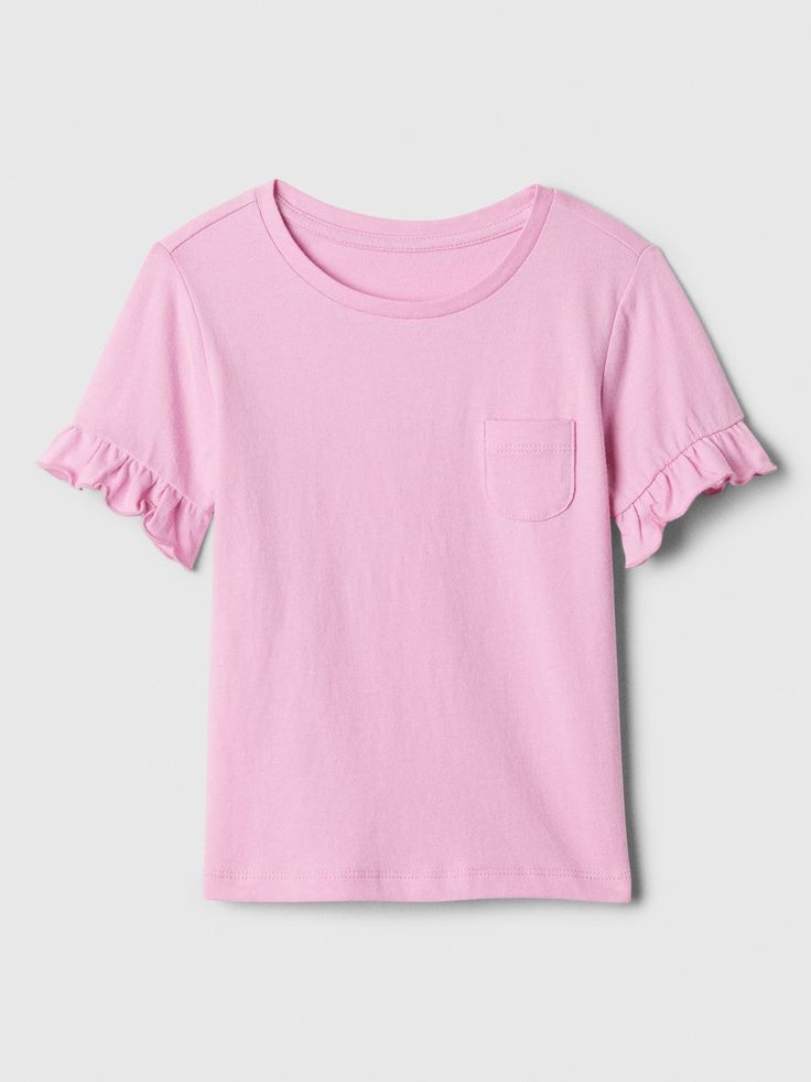 babyGap Ruffle Pocket T-Shirt | Gap Factory Cute Ruffled Crew Neck T-shirt, Casual Cotton Flutter Sleeve Tops, Casual Cotton Tops With Flutter Sleeves, Cotton Ruffle T-shirt With Flutter Sleeves, Cotton T-shirt With Ruffles And Flutter Sleeves, Pink Flutter Sleeve Casual Top, Pink Ruffled T-shirt, Pink Ruffled Casual T-shirt, Casual Pink Ruffled T-shirt