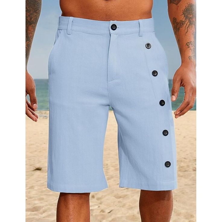 Season:Spring   Fall,Summer; Fabric:Linen Cotton Blend; Gender:Men's; Style:Vacation,Fashion; Elasticity:Inelastic; Occasion:Daily,Casual; Fit Type:Regular Fit; Function:Breathable,Comfort; Waistline:Mid Waist; Pattern:Solid Color; Design:Pocket,Side Button,Straight Leg; Brand:OUKU; Pants Type:Shorts,Linen Shorts,Summer Shorts; Fly Type:Zipper,Button; Front page:FF; Listing Date:03/27/2024; Pants Length:Knee Length Solid Bermuda Beach Bottoms, Solid Bermuda Bottoms For Beach, Casual Bottoms With Button Closure For Vacation, Casual Vacation Bottoms With Button Closure, Casual Summer Bottoms With Button Closure, Cotton Bottoms With Button Closure For Vacation, Cotton Bottoms With Button Closure For Summer, Cotton Bottoms With Buttons For Vacation, Beach Cotton Shorts With Buttons