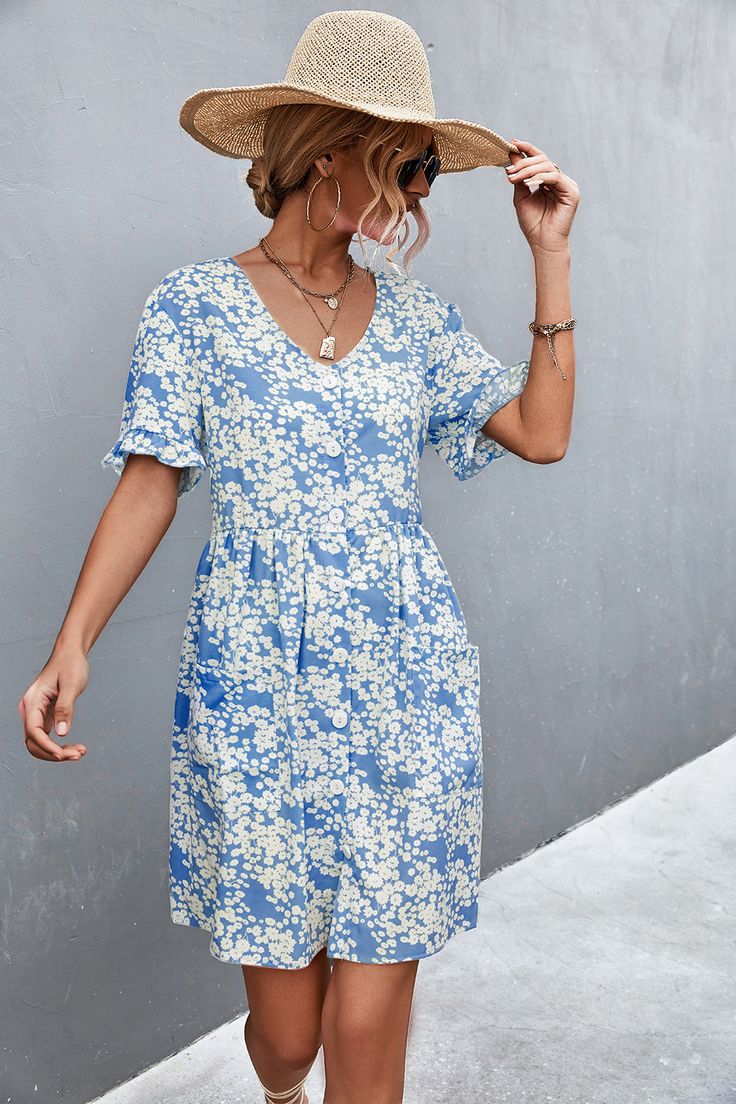 Women's Mini Dress Short Sleeve V-Neck Button Down with Pocket Floral Print Boho Dress Blue Floral V-neck Dress For Daywear, Blue V-neck Maxi Dress With Buttons, Blue V-neck Maxi Dress With Button Closure, Casual V-neck Mini Dress With Button Closure, V-neck Daywear Dresses With Button Closure, V-neck Maxi Dress With Buttons For Daywear, V-neck Midi Dress With Button Closure For Vacation, V-neck Maxi Dress With Button Closure For Daywear, V-neck Dresses With Button Closure For Daywear