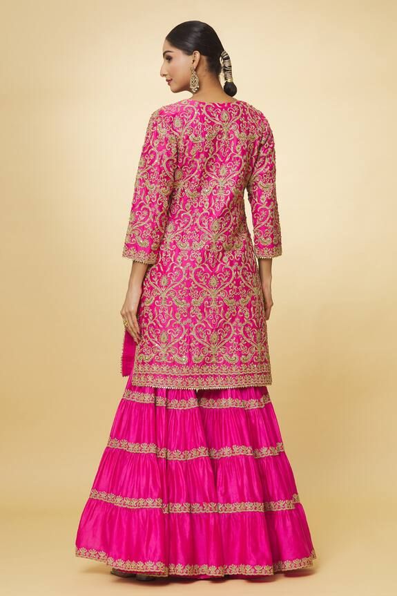 Rani pink chanderi kurta with zari and sequins hand embroidery. Comes with sharara and a dupatta. - Aza Fashions Pink Raw Silk Set With Zari Work, Pink Chinon Sets With Zari Work, Pink Dori Work Sets For Eid, Pink Dola Silk Sets With Gota Work, Pink Raw Silk Sharara With Zari Work, Designer Pink Sharara With Dori Work, Pink Straight Kurta Set With Dori Work, Festive Pink Kundan Sets, Designer Pink Sharara With Dabka Work