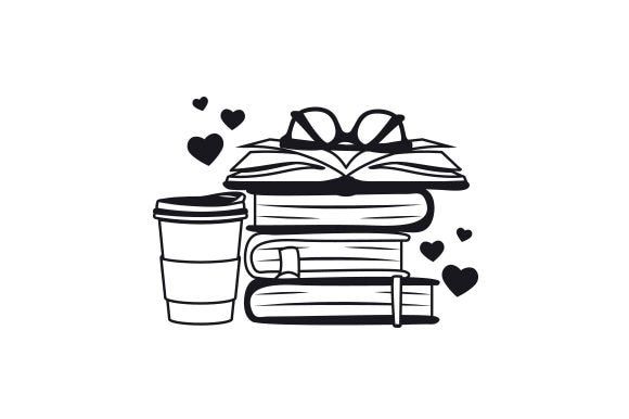 stack of books, coffee cup and heart shapes on the white background illustration for valentine's day