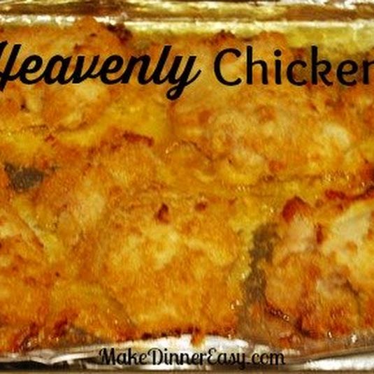 a close up of a pan of food on a table with the words heavenly chicken written above it