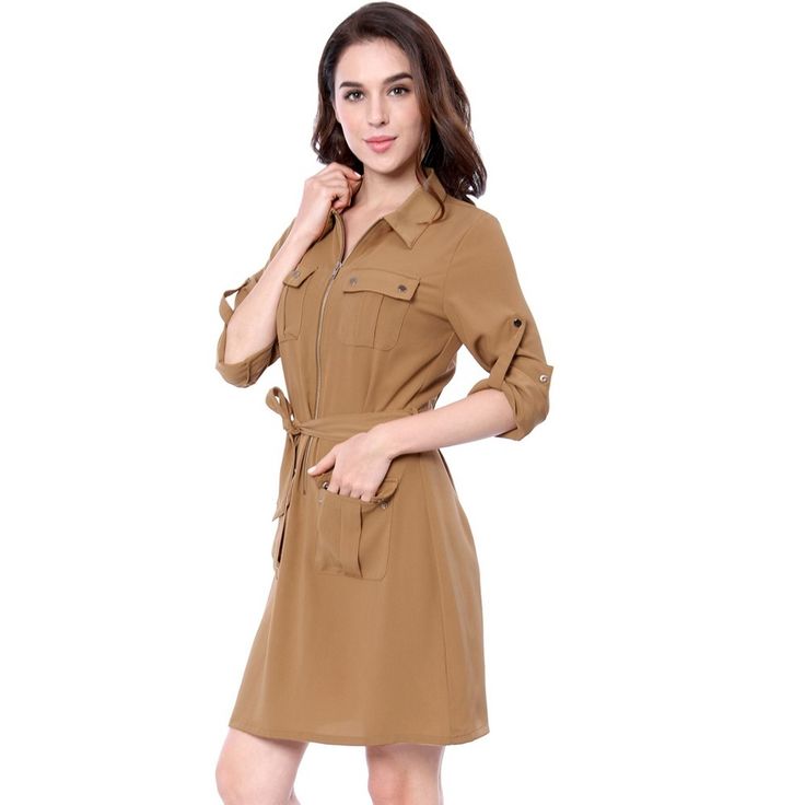 A streamlined, chic reinterpretation of the belted shirt dress, accented with a half zip placket, four buttoned pockets front, and roll-up sleeves. A multi-roll-up shirt dress is a timeless piece for a chic or business look. A zippered front is a modern twist that lets you go from a V-neckline to a chic funnel. An adjustable belt shows your flattering slim silhouette. Wear with heeled ankle boots for a bit of an edge.