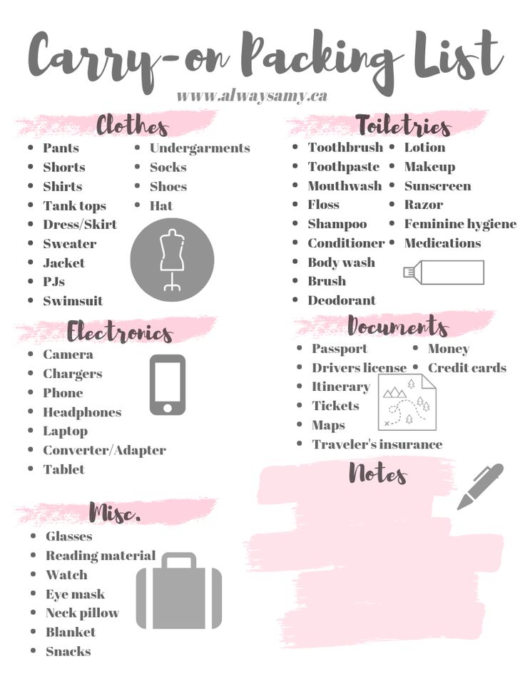 a pink and white poster with the words carry - on packing list written in black