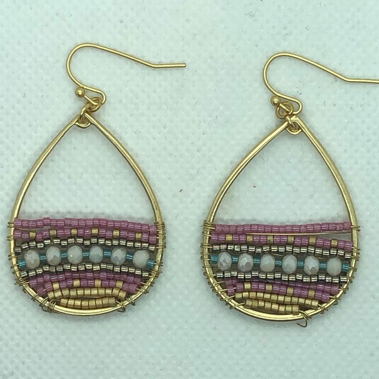 New From My Store Inventory. Slightly Larger Than The Earth & Sky Earrings Listed, These Are 1 1/8" Wide And Total Drop Is 2 Inches. Hand Strung Seed Beads Are Wired In Place At The Bottom Of The Pear Shape. Pretty Shade Of Pink. As Always, The Setting Is 18-Kt Gold Plated For Durability. Pink Round Beaded Earrings With Dangling Beads, Adjustable Pink Teardrop Beaded Earrings, Pink Wire Wrapped Beaded Earrings With Round Beads, Pink Wire Wrapped Beaded Earrings, Pink Beaded Teardrop Jewelry, Pink Teardrop Beaded Jewelry, Bohemian Pink Wire Wrapped Beaded Earrings, Pink Metal Jewelry With Colorful Beads, Adjustable Beaded Teardrop Earrings