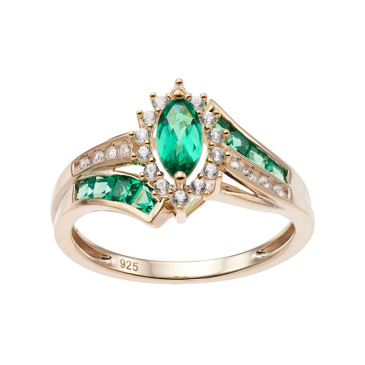 14k Gold Over Silver Lab-Created Emerald & White Sapphire Marquise Halo Ring, Women's, Size: Green Gold Ring, Rough Stone Jewelry, White Gold Sapphire Ring, Rings Green, Silver Emerald Ring, Silver Lab, Geode Earrings, White Sapphire Ring, Gold Diamond Wedding Band