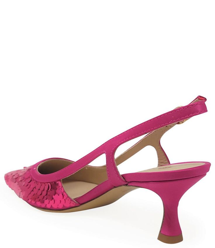 The Roberto Festa Fuchsia Sequence Snip Slingback Heel is a classic evening shoe. Handcrafted in Italy, this stylish heel has a luxurious sequin exterior and a slingback strap for comfortable wear. Featuring a snip toe design and a 2 inch heel, this classic piece is perfect for making a statement on a night out. Pink Slingback Pumps With Sculpted Heel For Evening, Pink Slingback Pumps With Sculpted Heel For Parties, Spring Cocktail Slingback Pumps With Heel Strap, Pink Slingback Pumps For Gala With Heel Strap, Pink Slingback Pumps With Heel Strap For Gala, Glamorous Evening Slingback Pumps With Sculpted Heel, Luxury Slingback Pumps For Spring Party, Luxury Spring Slingback Pumps For Party, Cocktail Slingback Heels With Heel Strap