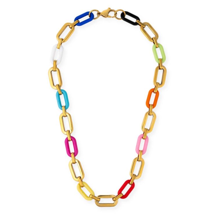 Bold and beautiful, the Maya Necklace is a chain link necklace that's perfect to wear alone or layered. This necklace will take any look to the next level with its vibrant colors! 16'' inch length Water / tarnish-resistant Bold Jewelry With Adjustable Chain For Gift, Bold Link Necklaces With Adjustable Chain, Bold Jewelry With Adjustable Chain Link, Bold Necklaces With Adjustable Chain, Everyday Multicolor Necklaces With Adjustable Chain, Everyday Multicolor Necklace With Adjustable Chain, Bold Chunky Link Chain Necklace, Bold Link Necklaces, Multicolor Necklaces With Gold Chain For Gift