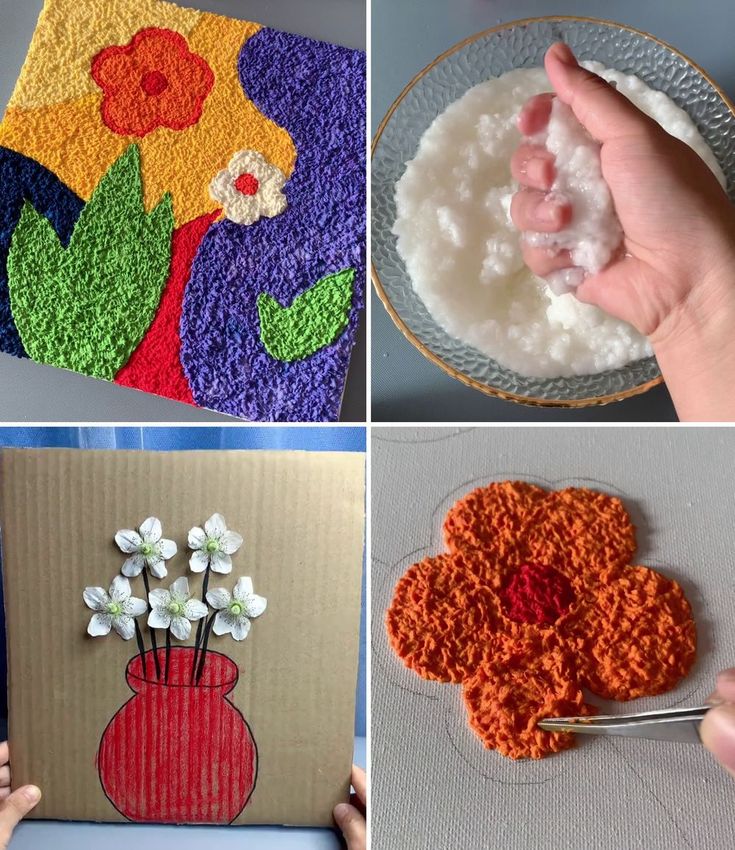 four different pictures with flowers on them and one is made out of crochet